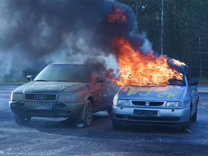 I över sex minuter lyckades bilen som besprutats med AVD stå emot branden och förhindra att den spreds.