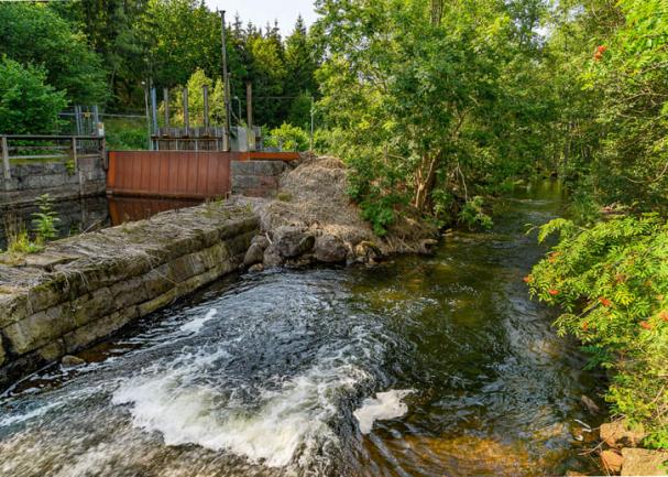 Till vänster i bild ska den nya fiskvägen har sin början. Fiskvägen kommer sedan att löpa mellan vägen och vattnet ca 75 meter innan den mynnar ut i det naturliga flödet som leder ut i sjön Sommen.