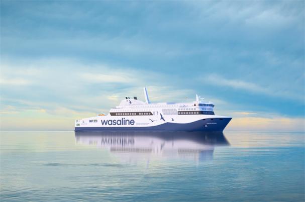 Visionsbild över Wasalines nya fartyg Aurora Botnia.
