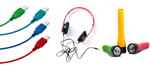 Exempel på elektriska produkter: USB-kablar, hörlurar, ficklampor.