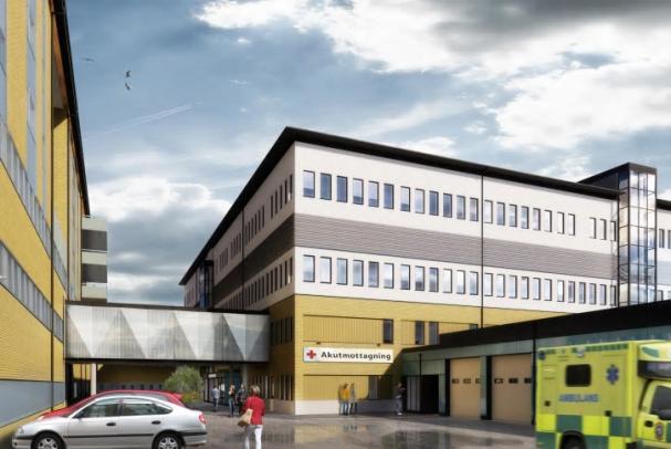 Byggnationen av Hudiksvalls sjukhus nya ambulanshall och länkbyggnad påbörjades sommaren 2020 och kommer se ut som på bilden när det är färdigbyggt (bilden är en illustration).