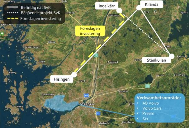 Bilden visar Göteborg Energis förslag för att dubblera eleffekten i Göteborgsregionen.