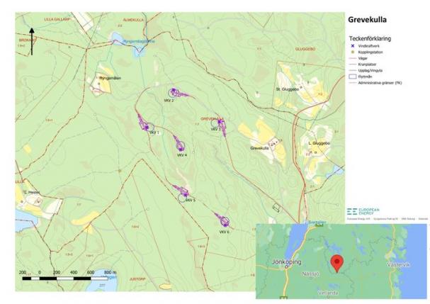 Karta över Grevekulla och vindkraftverkens placering.