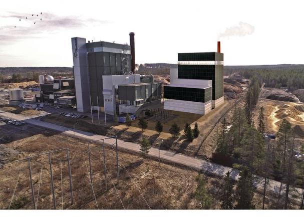 Skiss över det planerade kraftvärmeverket. Den nya byggnaden i svart till höger.