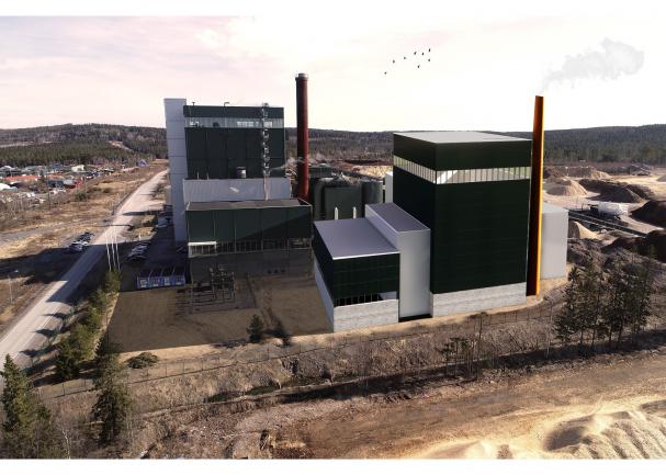 Skiss över det planerade kraftvärmeverket. Den nya byggnaden i svart till höger.