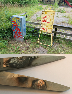 Bilderna visar elskåpets placering vid en lekplats samt hur saxen såg ut efter strömgenomgång.