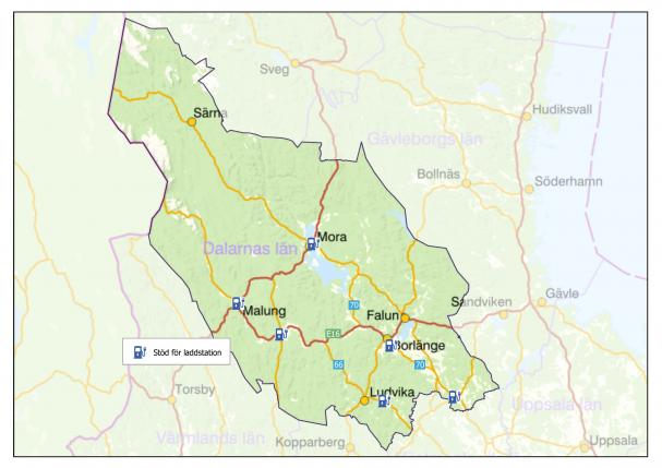 Laddstationerna kommer finnas i Malung-Sälen, Vansbro, Smedjebacken, Mora, Borlänge och Avesta.
