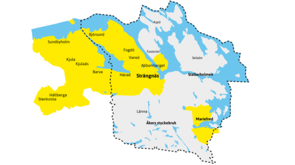 Kartan visar SEVABs elnätsområde (de gula partierna). SEVAB äger elnätet i Kjula där Eskilstuna logistikpark ligger.